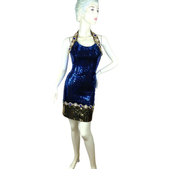 Sequin mini halter dress with jewels blue and gold by Alyce Designs Size XS/S - Picture 2 of 10